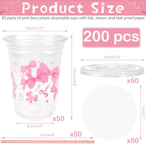 LSJDEER 50 Pcs Pink Bow Plastic Cups with Lids and Straws, Pink Bow Clear Plastic Cup 16 oz Coquette Cups for Birthday Wedding Party Supplies (Large, 50, Count)