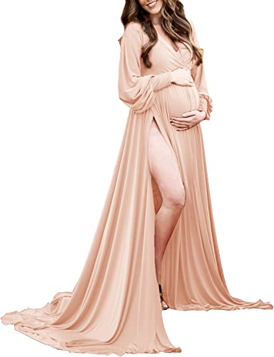 Dedysler Umstandskleider, langärmelig, Babyparty-Kleid für Fotoshooting, Wickelkleid, Schlitz, Herzausschnitt, Maxi, X-Groß