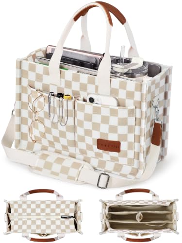 FIORETTO Canvas Tote Bag for Women with Zipper Closure & Individual Compartments for Work College for Teacher & Nurse Khaki Checkered XL