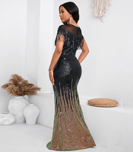 Image of Cololura Sexy Sequin Tassel Mesh Perspective Party Cocktail Bodycon Evening Club Maxi Dress