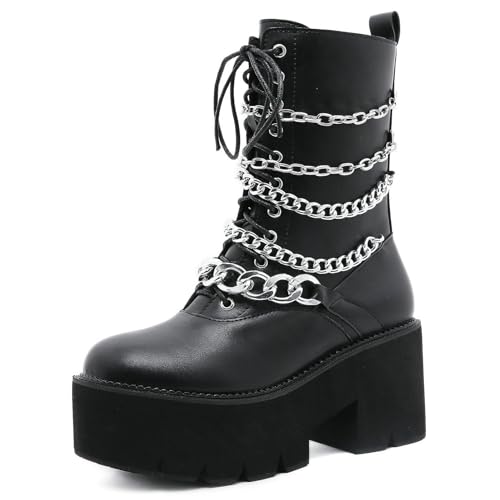 Image of Parisuit Womens Goth Patent Ankle Boots Platform Chunky Combat Boots | Lace Up, Gothic Boots, High Heel, Punk Short Booties, Buckle Boots, Chain Boots