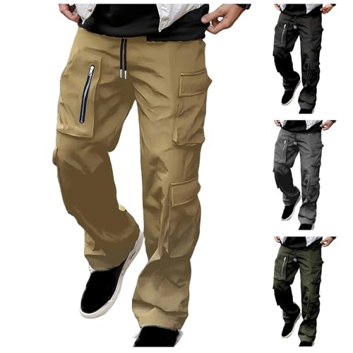 Cargo Pants for Men Baggy Drawstring Waist Joggers Pants Loose Fit Straight-Leg Lounge Trousers with Multi-Pockets