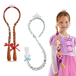 Hifot 3 Piezas Princesa Peluca Niña, Peluca Rapunzel Anna Elsa Frozen, Peluca Trenzas Fiesta de Cumpleaños Cosplay Rapunzel Disfraz Accesorios con Flores Corona (Platino Marron Rubias Largas)