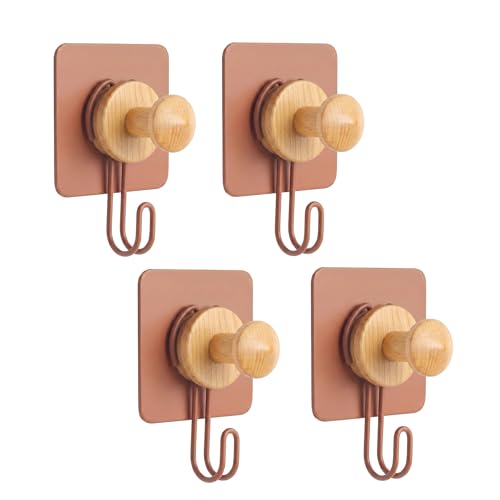 Image of goodys 4 Pcs Self Adhesive Wall Hooks - Reddish Brown Aluminum | Heavy Duty Waterproof Hooks for Bathroom, Kitchen & Cloth Hanging | No Drill Installation