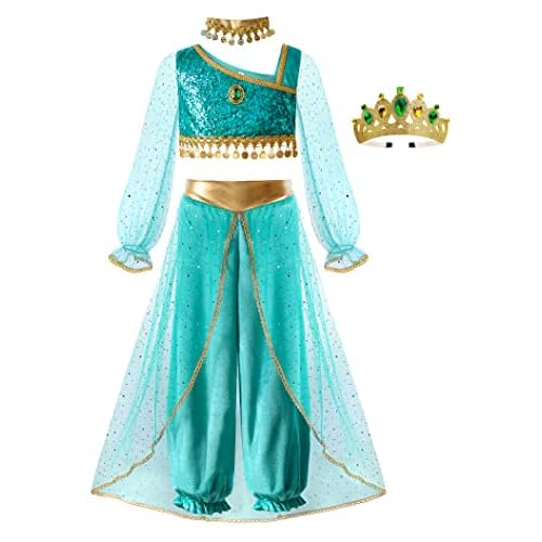 ReliBeauty Disfraz de Princesa para Niñas Vestido árabe de Manga Larga Fiesta de Halloween Carnaval Cumpleaños con Corona y Collar 7-9 años, 130