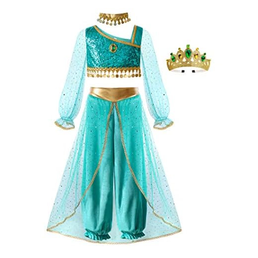 ReliBeauty Disfraz de Princesa para Niñas Vestido árabe de Manga Larga Carnaval Cumpleaños con Corona y Collar 7-8 años, 130