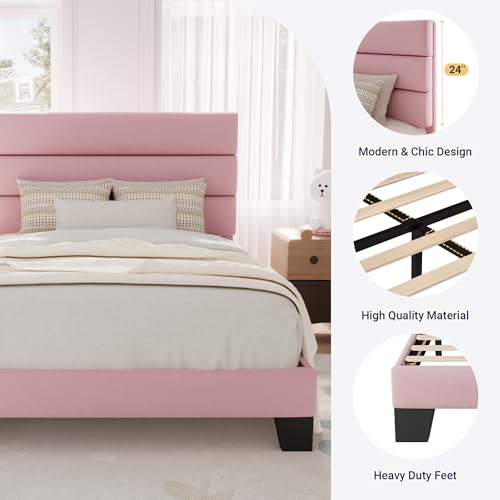 image for Allewie Twin Size Platform Bed Frame with Velvet Upholstered Headboard