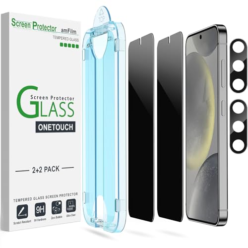amFilm Auto-Alignment OneTouch for Samsung Galaxy S24 6.2 Privacy Screen Protector + Camera Lens Protector Tempered Glass 30 Seconds Installation Bubble Free Privacy Protection 2+2 Pack