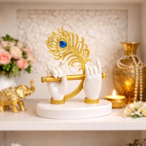 Image of CraftVatika Goldplated Krishna Hand with Flute Idol Peacock Feather Mor Pankh Showpiece,Housewarming Gift, Birthday Wedding Anniversary Janmashtami Gift,Home Decor Decoration Items for Living Room