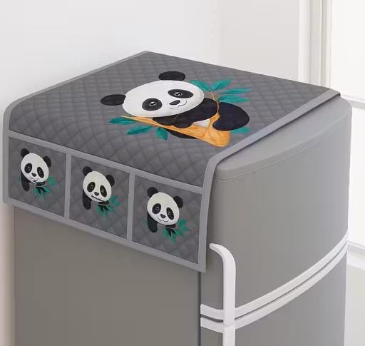 Image of STOREUP double Door or Single Door Fridge Cover | solid Print Fridge Cover With Side Pockets|Fridge Top Cover|Refrigerator Cover|Washable Cotton Material|6 Utility Pockets (GRY PANDA)