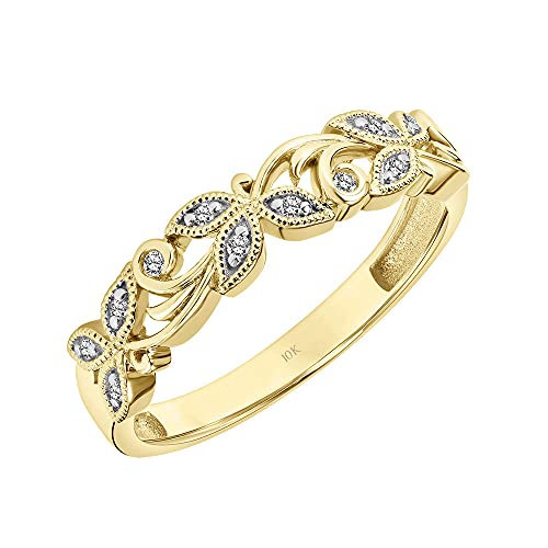 Stackable Floral Vine Leaf 0.07 Ct Diamond Wedding Rings for Women; Promise Rings for Her in 10K White or Yellow Gold, 925 Sterling Silver or 18K Yellow Gold Vermeil; Anniversary Rings for Women (I-J