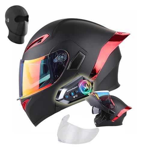 Modular Motorcycle Helmet with Bluetooth DOT Approved Full Face Motorcycle Helmets Anti-Fog Dual Visor Flip Up Integrated Helmet with Dual Speakers and Microphone for Adults Men Women, Black, L