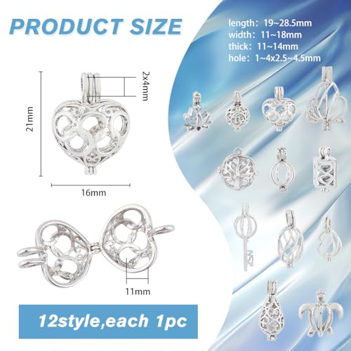 HOBBIESAY 12Pcs 12 Styles Brass Bead Cage Pendants Open Hollow Cage Charms Hollow Filigree Cage Charms Chime Ball Pendants Sea Turtle Charm for DIY Necklaces Jewelry Making Supplies-Platinum - Image 2
