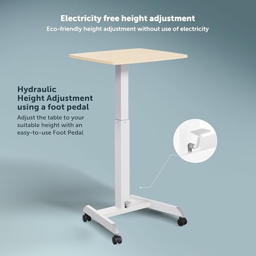 Image of JIN OFFICE Pneumatic Height Adjustable Table Desk | Hydraulic Sit Stand Laptop Table with Wheels and Foot Pedal for Height Adjustment| Portable Laptop Standing Desk (White Frame with Maple Top)