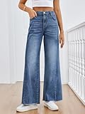 Trendy Queen Women's Wide Leg Jeans, Relaxed Loose Straight Leg with Raw Hem, Comfort Denim Pants Blue 8