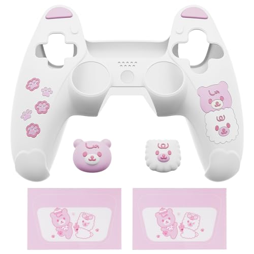 PlayVital ps5コントローラーに対応用シリコンカバー、可愛いクマスタイルカバー付けたまま充電ステーションにも対応し、サムスティックキャップカバー&タッチパッドシール付属しています【ホワイト＆ピンク】（Amazon）