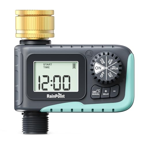 RAINPOINT Programador Riego Automatico con Entrada de Latón, Temporizador de Riego con Retraso por Lluvia/Riego Manual, Alto Flujo de Agua, para Césped y Jardín