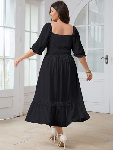 Image of SCOMCHIC Women's Plus Size Boho Maxi Dress Short Sleeve Square Neck Smocked Flowy A-Line Lace Trim Wedding Guest Dresses