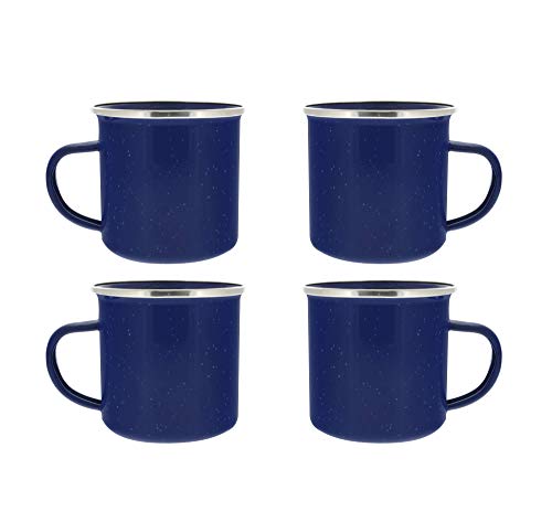 Camping Dinnerware 4-Person Set, 12 Items - 4 ea of 24 oz Mugs 6\" Bowls & 10\" Plates Metal w/ Blue Enamel Finish