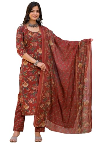 Image of GoSriKi Women's Cotton Blend Printed Straight Kurta with Pant & Dupatta