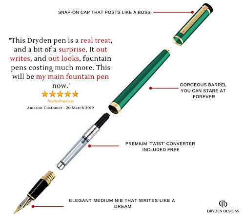 Dryden Fountain Pen Medium Nib Includes Gift Box and Ink Refill Converter, Classic Writing Tool [Emerald Green] for Left and Right Handed - Thumbnail 7