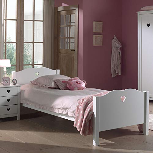 Cadre de lit en bois blanc laqué avec tête de lit décor cœurs pour enfant