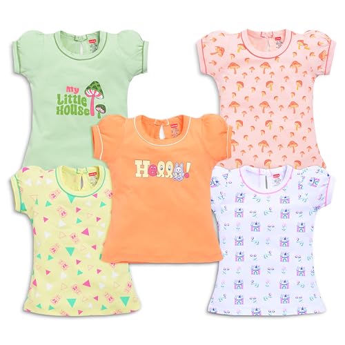 Image of LuvLap Baby Girls Regular Fit 100% Cotton Half Sleeves Girls Top Pack of 5