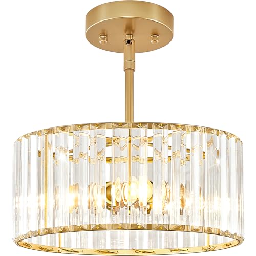 YURNYQ Gold Crystal Chandelier, Small Modern Semi Flush Mount Ceiling Chandelier Light Fixtures,...