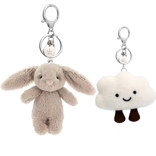 YILANFULL Bunny Bag charm Plush Rabbit Keychain Cute Kawaii Smiling Face Cloud Keyring Purse Backpack Handbag Tote Charms Bookbag Decorations (Brown)