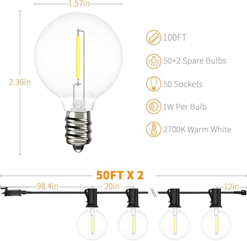 Yuucio Outdoor String Lights Dimmable 100FT, 30M LED Festoon Lights with Remote Control Mains Powered with 52 Shatterproof G40 Plastic Bulbs, Waterproof Garden Light
