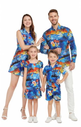 Image of Hawaii Hangover Family Matching Hawaiian Clothes, Sunset Blue | Family matching Hawaiian outfits, Sunset Blue, 100% cotton, machine washable, tropical floral print, luaus, cruises