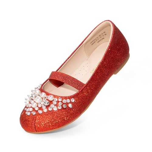 DREAM PAIRS Girls Ballet Flats Flower Shoes Mary Jane Ballerina Flat Dress Shoes for Daily/Wedding/Party 5 Toddler Red/Glitter