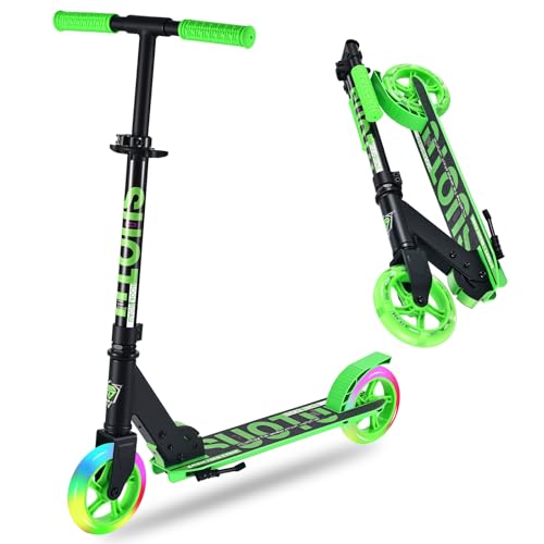 SUOTU Patinete Niño con Grandes Ruedas de 14,5 cm, Scooter con Ruedas con Luz LED para Niños de 3 a 12 Años, Plegable, Volante Ajustable Altura, Aluminio (Negro Verde)