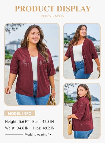 Image of Eytino Plus Size Cardigan for Women Half Sleeve Knitted Jacquard Summer Kimono Cover up Tops(1X-5X)