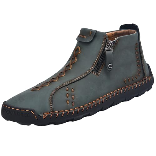 Läder ankelstövlar män läderskor män sportiga promenadskor halkfria fritidsskor lätta träningsskor platta sula komfortskor retro vandringsskor bekväma joggingskor casual, Grön, 39 EU