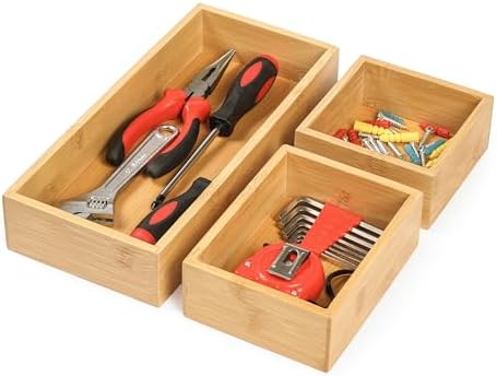 Bamboo Drawer Organizers Set, 3PCS Multi-Use Wood Storage Organizers, Desk Drawer Tray for Kitchen, Bathroom, Office, Dresser, Bamboo Box Bin for Jewelry, Makeup, Junk, Gadgets