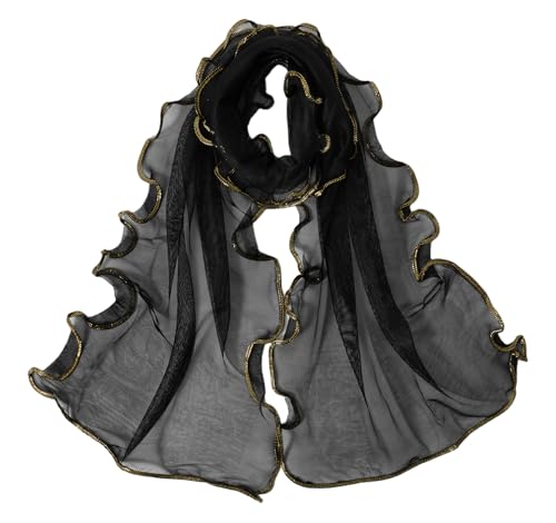 GERINLY Black Scarf Sheer, Chiffon Scarf with Gold Ruffle, Lightweight