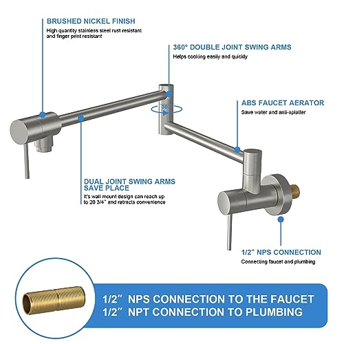 Lordear Pot Filler Faucet Brushed Nickel Finish Wall Mount Stove Kitchen Faucet Stainless Steel Pot Filler Folding Faucet Over Stove thumb #1