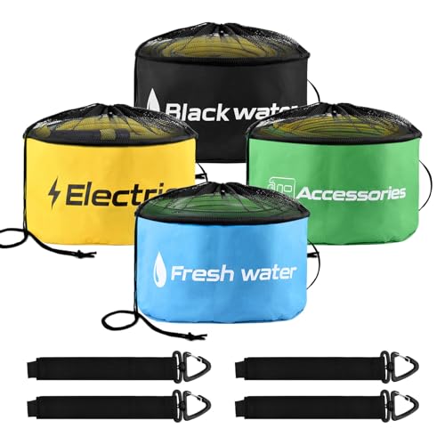 Image of 4 Pack RV Hose Storage Bag, Waterproof RV Sewer Hose Storage with 4 Straps, Camper Accessories Inside Organizer for Fresh Water Hoses Electrical Cords