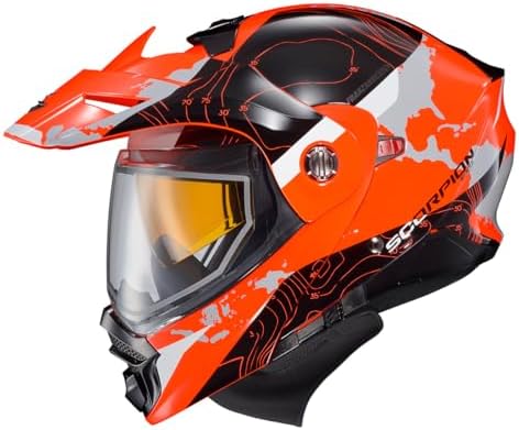 ScorpionEXO AT960 Cold Weather Adventure Snowmobile Modular Helmet Dual Pane Shield with Breath Box and Bluetooth Ready Speaker Pockets Topographic (Hi-Viz Orange - Large)