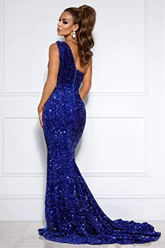 Sukleet Women's One Shoulder Sequin Mermaid Prom Dresses Long Split Formal Party Cocktail Dress2