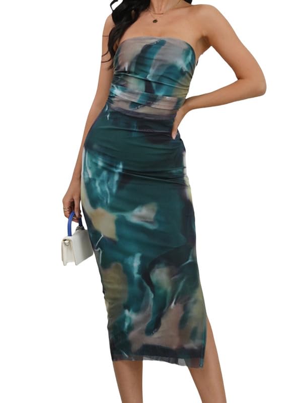 Sukiglam Vestido de Tubo Mujer Sexy Leopardo/Tie Dye Midi Vestidos sin Tirantes Elegante Vestido Largo Ajustado Verano sin Mangas Bodycon Wrap Vestidos Fruncido de Fiesta Cóctel Noche Clubwear