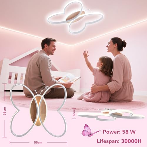 Lustre papillon chambre enfant 58W LED télécommande veilleuse blanc 58cm