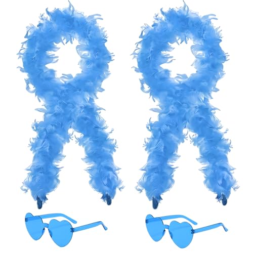 4Pcs Colorful Fancy Dress Feather Boa Set 4ft Feather Boa with Heart Rimless Sunglasses for Women Artificial Fluffy Boa Decorations wit for Dancing Wedding Party Cosplay Halloween (Blue)