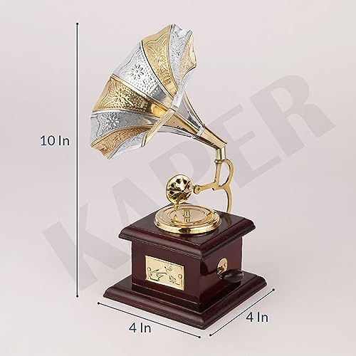 Image of KAPER Antique Brass Gramophone Showpiece (10 Inch) - Handcrafted Vintage Decorative Figurine for Home Decor, Living Room, Office Desk, Study Table & Gift Item (Gramophone)