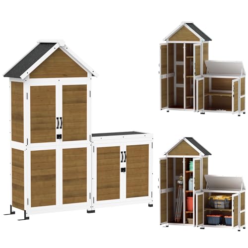 Outsunny Caseta de jardín + Armario de Madera, caseta de jardín Interior Exterior con tejado Inclinado de Asfalto, estantes y Puertas con Cerradura, Armario de Herramientas para balcón, Natural