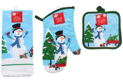 RAPL Tis The Season to Be Jolly Kitchen Blue Green and White Linen MEGA Bundle (1) Oven Mitt (2) Pot Holders (2) Microfiber Towels