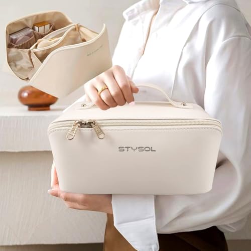 Image of Large Capacity Travel Cosmetic Bag, Leather Makeup Bag with Handle and Divider, Waterproof Cosmetic Bag, Portable Leather Toiletry Bag, Roomy Cosmetic Bag for Women & Girls(White)