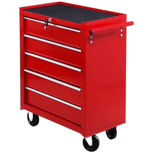 HOMCOM Lockable Steel Tool Chest with 5 Drawers on Wheels