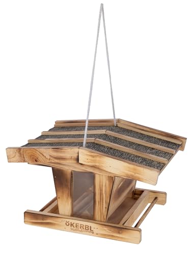 Kerbl Hobbyfarming Vogelfutterhaus, Aus Holz, Mit Glassichtfenster, Wetterfestem Dach, Robuste Kordel zur Aufhängung, Für Wildvögel, Witterungsbeständig